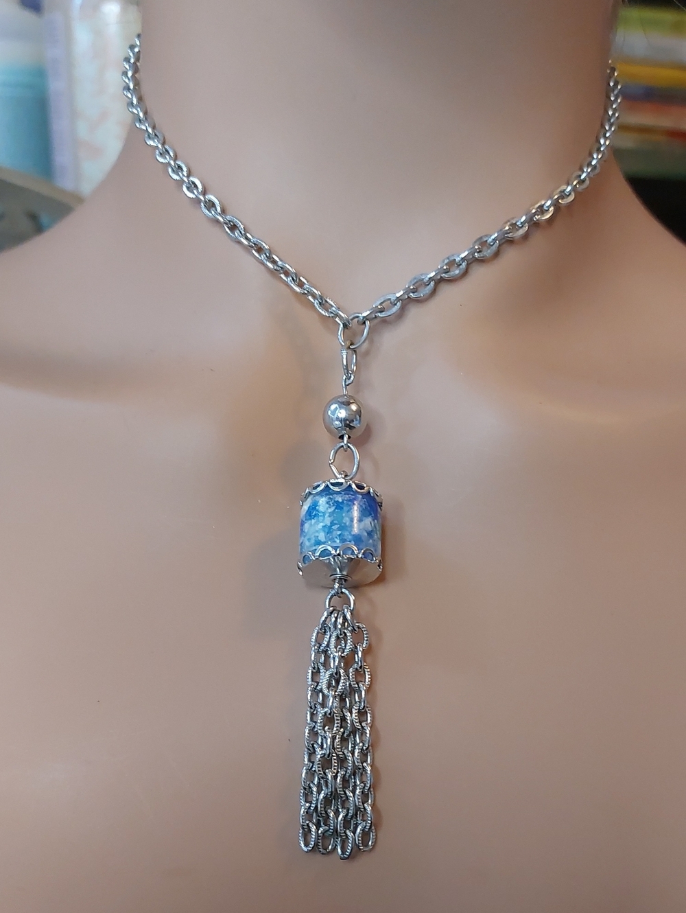 Silver Boho Y-Chain Choker Necklace with Blue Bead & Metal Tassel 14"